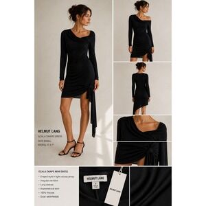 Helmut Lang Scala Drape Dress S Black Side Tie Long Sleeve Asymmetrical NWT